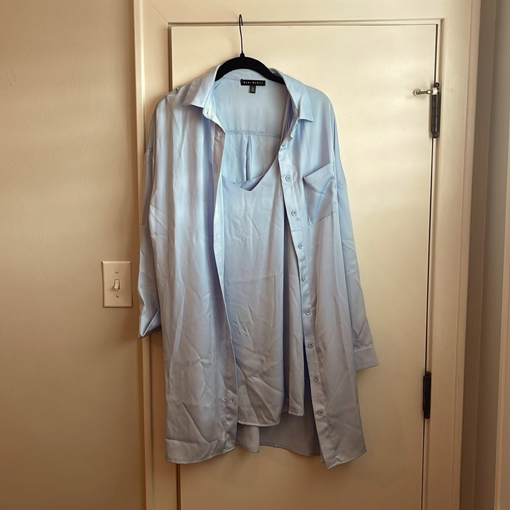 Light blue mini slip dress with long sleeved removable cover